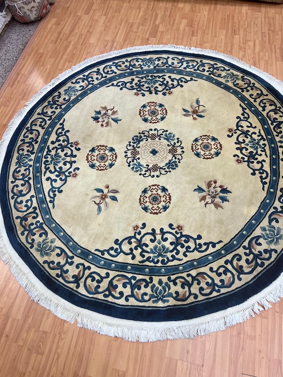 7'8" x 7'8" Round Chinese Art Deco Oriental Rug - Hand Made - Full Pile - 100% Wool