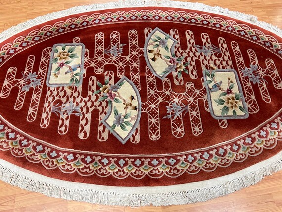 4'7" x 7'6" Oval Chinese Art Deco Oriental Rug - 1950s - Hand Made - 100% Wool