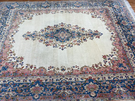8'8" x 11' Indian Floral Design Oriental Rug - 1970s - Full Pile - Hand Made - 100% Wool