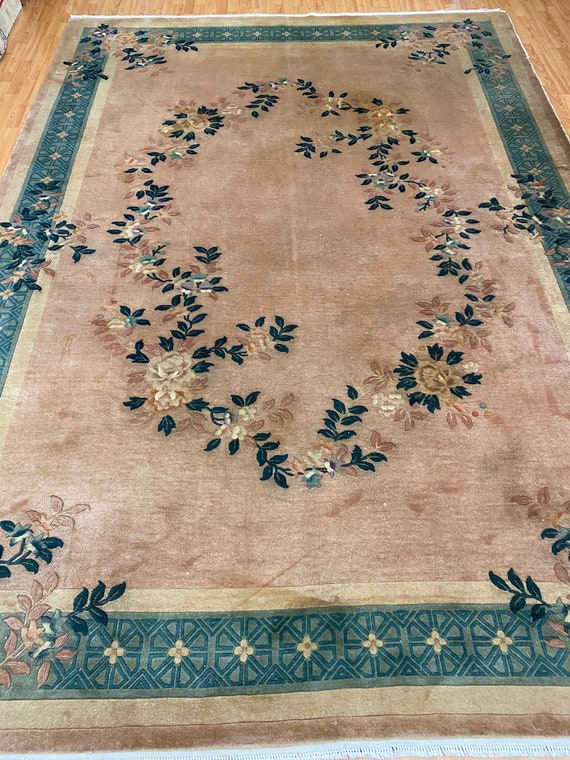 8'2" x 11'4" Chinese Art Deco Oriental Rug - 1970s - Hand Made - 100% Wool