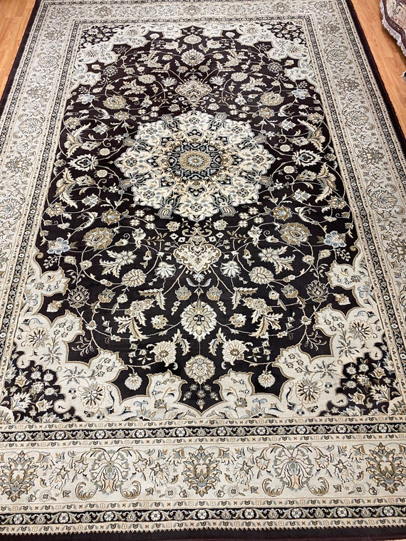 7'9" x 11'5" Turkish Tab riz Oriental Rug - Dark Brown - Cream Border