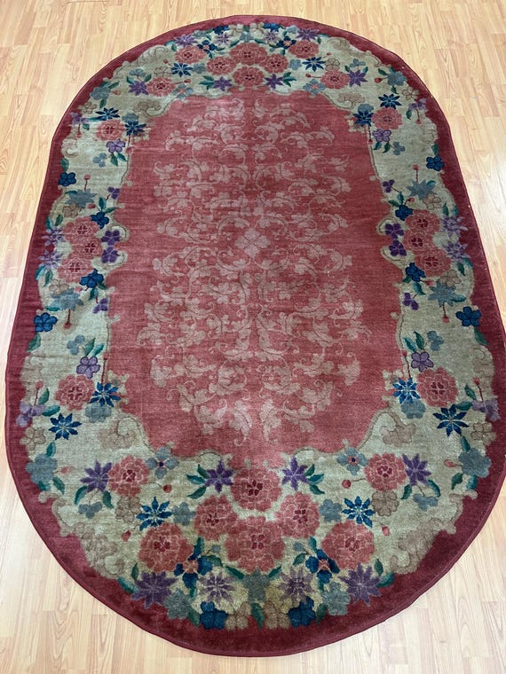 3' x 5' Antique Oval Chinese Art Deco Oriental Rug - 1930s - Hand Made - 100% Wool