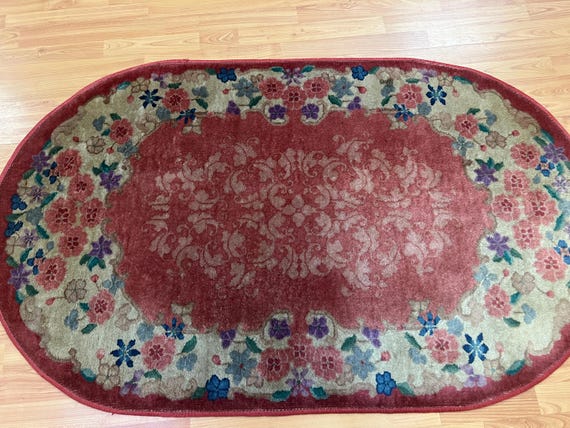 3' x 5' Antique Oval Chinese Art Deco Oriental Rug - 1930s - Hand Made - 100% Wool