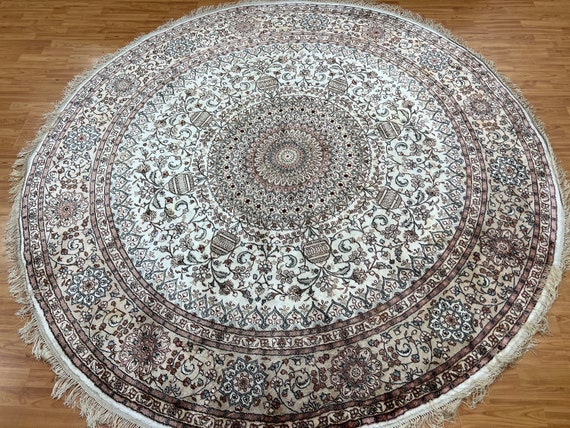 8' x 8' Round Kashmir Oriental Rug - Full Pile - Hand Made - 100% Silk