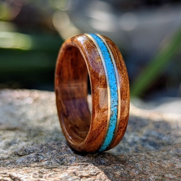 Ancient Kauri Spiral Grain Wood Ring with Turquoise and Twin Gold Wire Inlays. Handmade, Custom, Wooden Wedding Bands by Grown Rings.