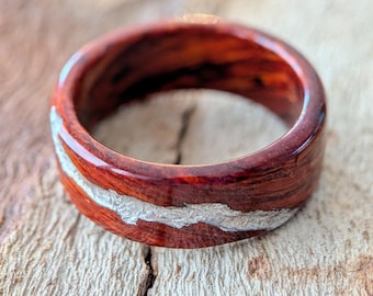 Wood Wedding Bands - Bloodwood Platinum Solitaire Vein, Engagement Ring for Men and Women. Custom Made by Hand to Order.