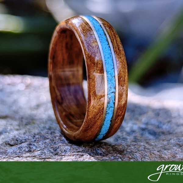 Ancient Kauri Spiral Grain Wood Ring with Turquoise and Twin Gold Wire Inlays. Handmade, Custom, Wooden Wedding Bands by Grown Rings.