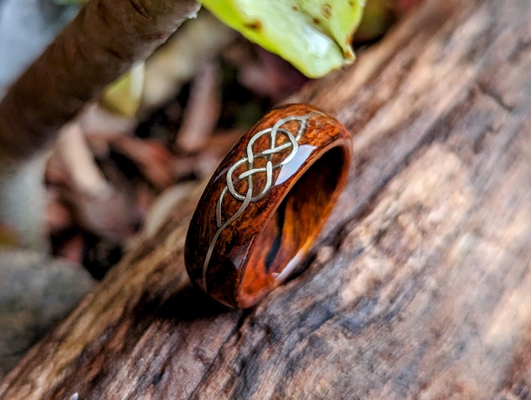 Ironwood and White Gold Celtic Knot Spiral Grain Wood Handmade,  Custom, Wooden Wedding Bands by Grown
