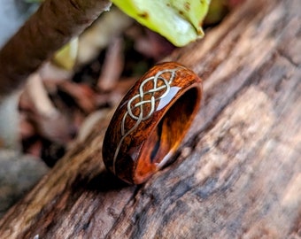 Ironwood and White Gold Celtic Knot Spiral Grain Wood Handmade,  Custom, Wooden Wedding Bands by Grown