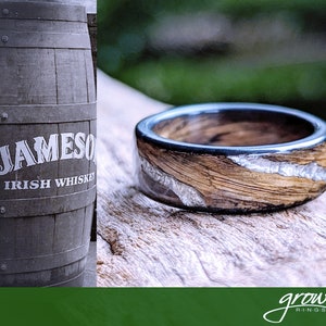 Jameson Whiskey Barrel Platinum Inlay Smoked Spiral Grain Wood Ring. Handmade, Custom, Wooden Wedding Bands by Grown Rings.