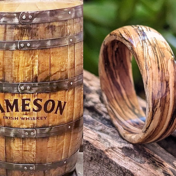 Jameson Whiskey Barrel Wood Ring. Handmade to order from scratch, Fully Customizable Wedding Band.