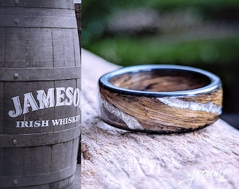 Jameson Whiskey Barrel Platinum Spiral Vein Inlay Smoked Wood Ring. Handmade, Custom, Wooden Wedding Bands by Grown Rings.
