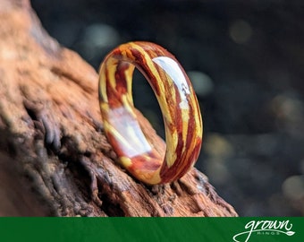 Ring Of Fire - Bloodwood, Yew, Yellowheart Spiral Grain Wood Ring. Handmade Custom Wedding Rings by Grown Rings