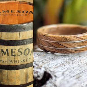 Jameson Whiskey Barrel Spiral Grain Wood Ring with Twin Platinum Wire Inlays. Handmade, Custom, Wooden Wedding Bands by Grown Rings.