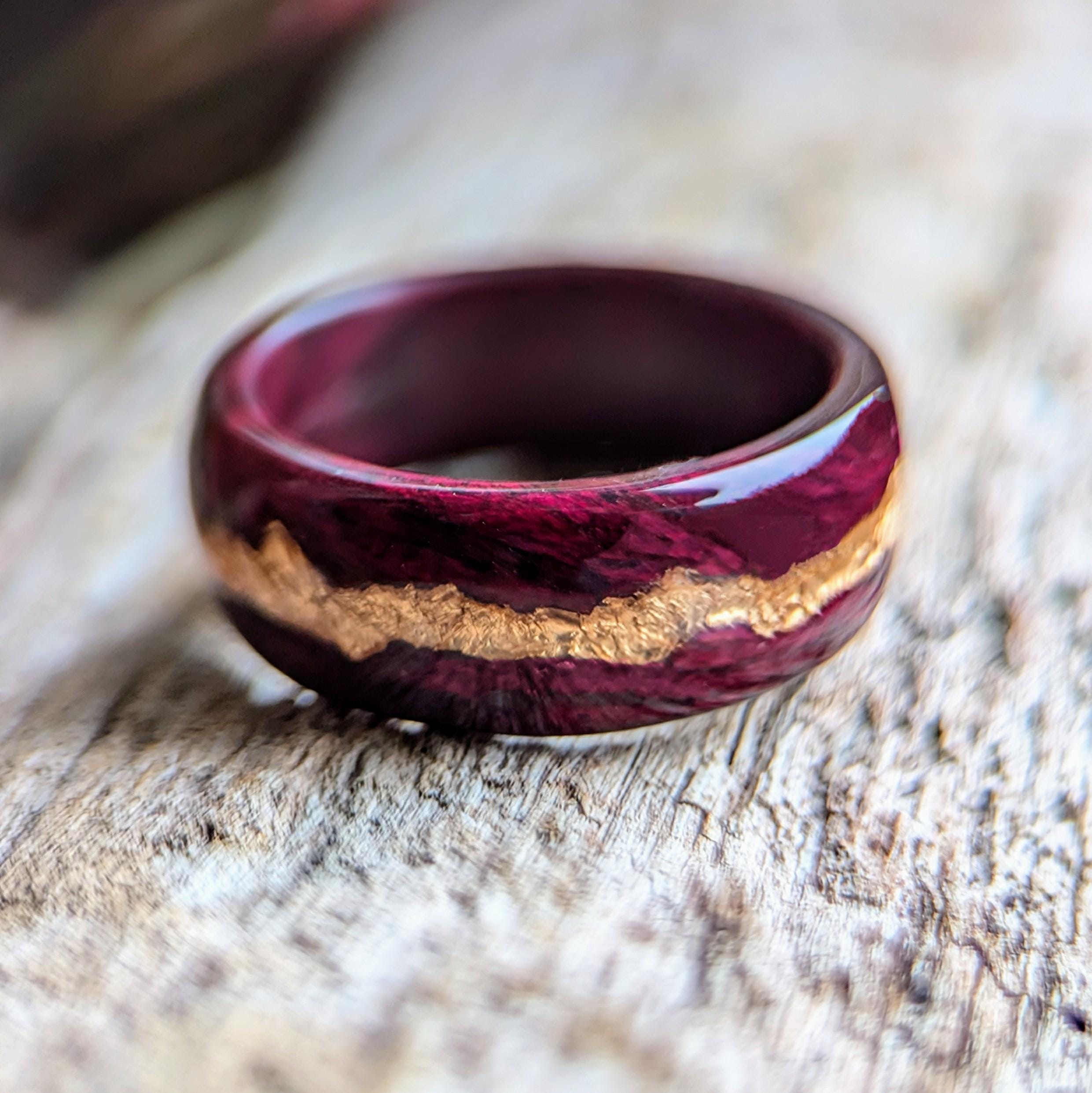 Purpleheart Wood Ring, 22K Rose Gold Vein Central Inlay. Handmade to