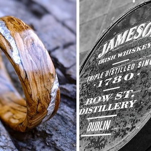 Jameson Whiskey Barrel Spiral Grain Wood Ring with Sterling Silver Veins. Handmade, Custom, Wooden Wedding Bands by Grown Rings.