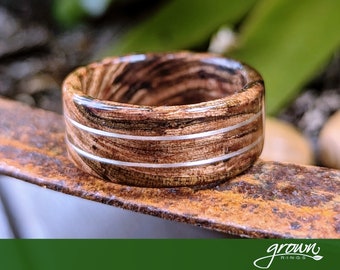 Tasmanian Blackwood Twin Sterling Silver wire inlays Spiral Grain Wood Ring. Handmade, Custom, Wooden Wedding Bands by Grown Rings.