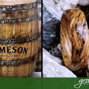 Jameson Whiskey Barrel Spiral Grain Wood Ring. Handmade, Custom, Wooden Wedding Bands by Grown Rings.
