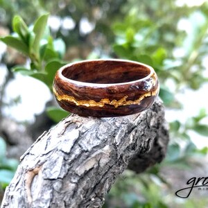 Ancient Kauri Spiral Grain Wood Ring with Central 24K Gold Vein. Handmade, Custom, Wooden Wedding Bands by Grown Rings. image 2