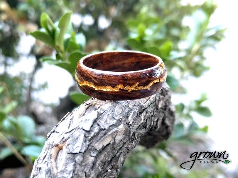 Ancient Kauri Spiral Grain Wood Ring with Central 24K Gold Vein. Handmade, Custom, Wooden Wedding Bands by Grown Rings. image 2