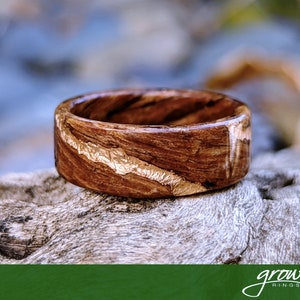 Reclaimed 1920 Douglas Fir Spiral Grain Wood Ring with Rose Gold Veins. Handmade, Custom, Wooden Wedding Bands by Grown Rings.