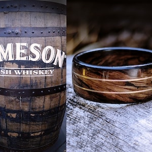 Jameson Whiskey Barrel Smoked Spiral Grain Wood Ring with 14K Gold Wire Inlays. Handmade, Custom, Wooden Wedding Bands by Grown Rings.