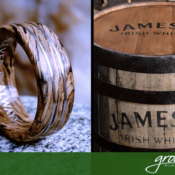 Jameson Whiskey Barrel Spiral Grain Wood Ring with Twin Platinum Wire Inlays. Handmade, Custom, Wooden Wedding Bands by Grown Rings.