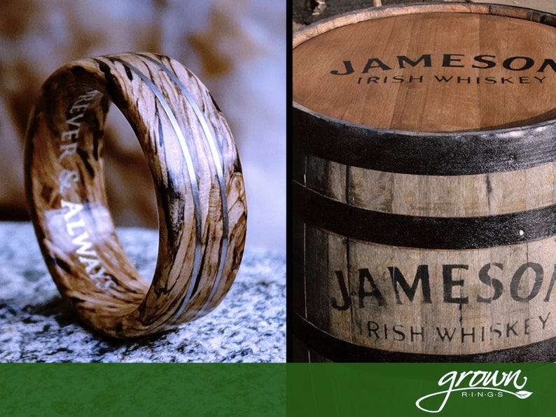 Jameson Whiskey Barrel Wood Ring with Twin Platinum Inlays