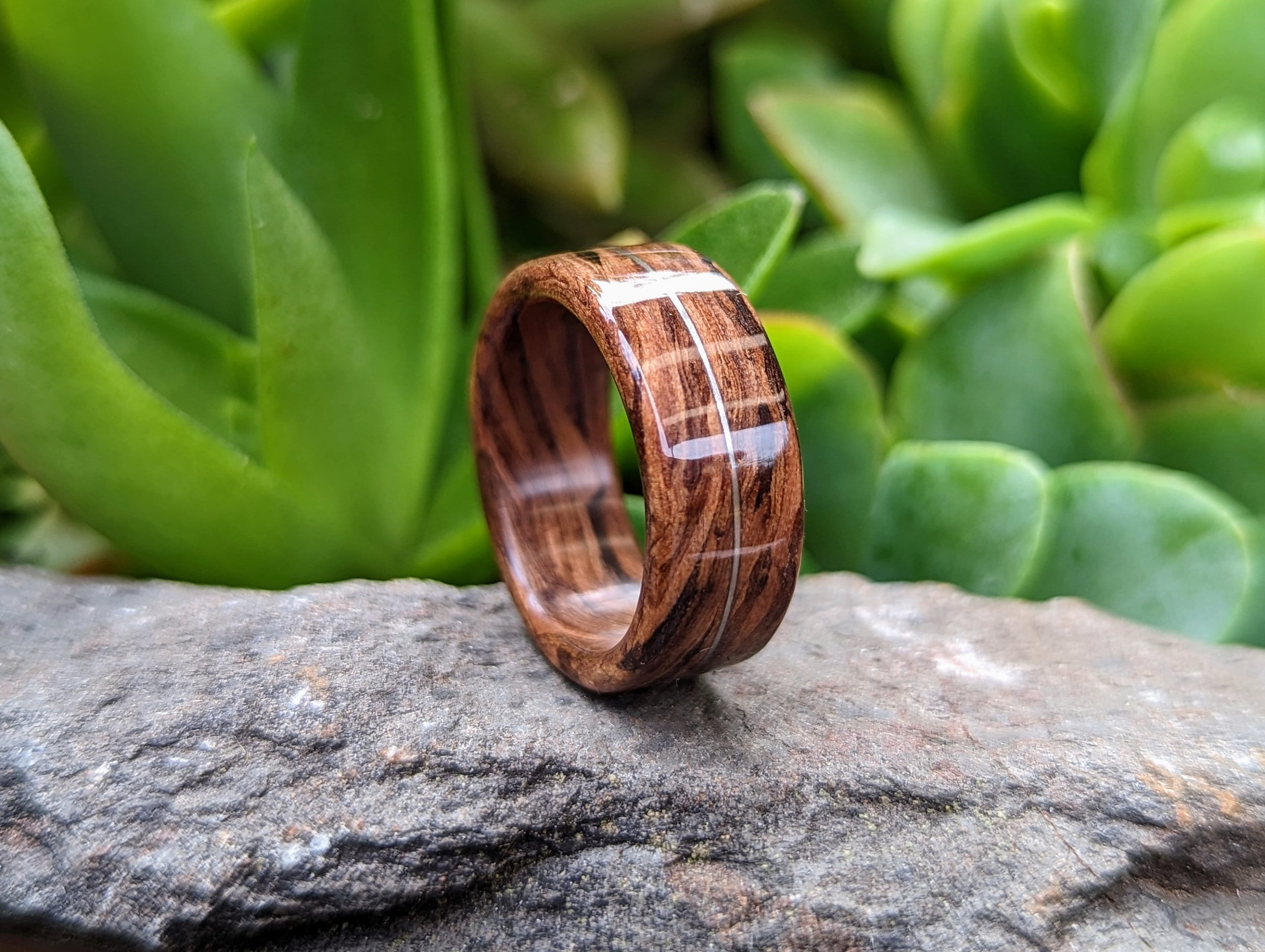 American Black Walnut Spiral Wood Ring with Sterling Silver Wire Inlay. Handmade Custom Wooden Wedding Bands by Grown Rings