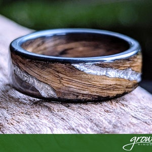 Jameson Whiskey Barrel Platinum Inlay Spiral Grain Wood Ring. Smoked Edges. Handmade, Custom, Wooden Wedding Bands by Grown Rings.