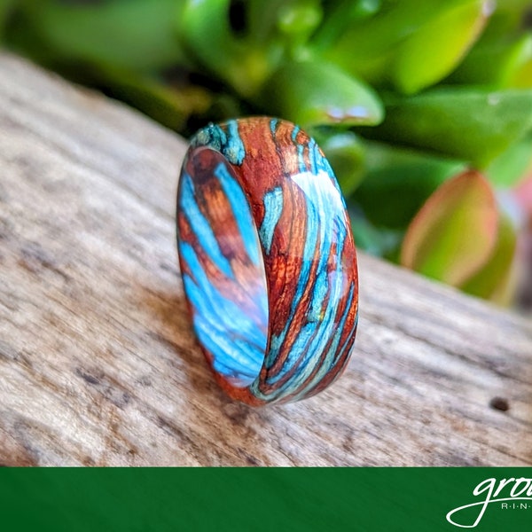 Bloodwood and Blue Maple Spiral Grain Wood Ring. Handmade, Custom, Wooden Wedding Bands by Grown Rings.