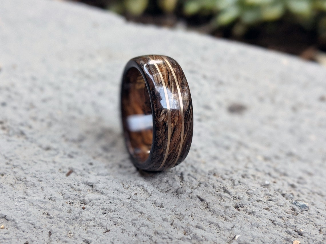 Jameson Whiskey Barrel Smoked Wood Ring Twin 14K Gold