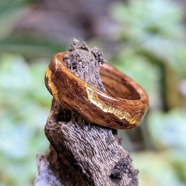 Reclaimed 1920 Douglas Fir Spiral Grain Wood Ring with 24K Gold Veins. Handmade, Custom, Wooden Wedding Bands by Grown Rings.