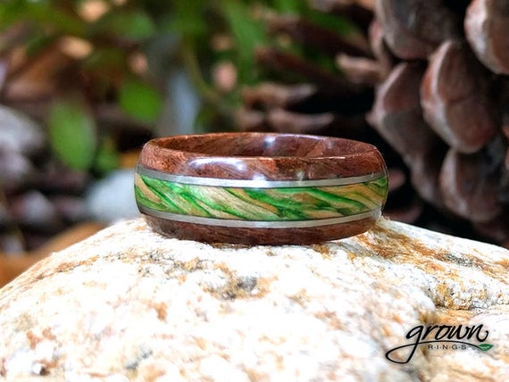 Walnut and Emerald Maple Spiral Grain Wood Ring with Twin Platinum Wire Inlay. Handmade, Custom, Wooden Wedding Bands by Grown Rings.