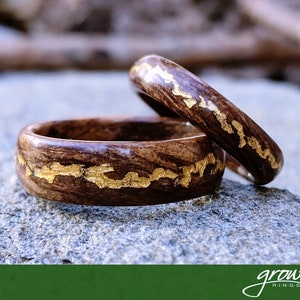 Ancient Kauri Spiral Grain Wood Ring with Central 24K Gold Vein. Handmade, Custom, Wooden Wedding Bands by Grown Rings. image 1