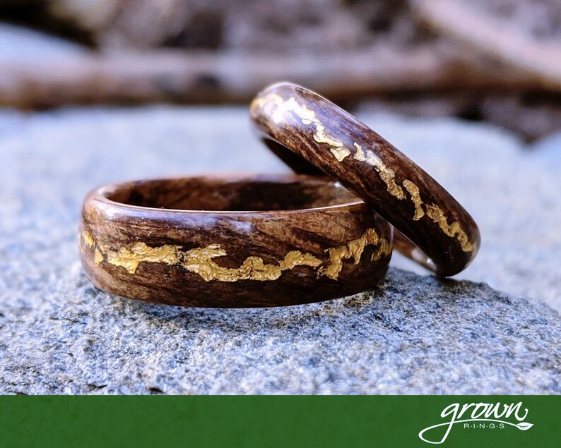 Ancient Kauri Spiral Grain Wood Ring with Central 24K Gold Vein. Handmade, Custom, Wooden Wedding Bands by Grown Rings. image 1