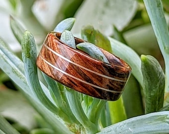 May include: A wooden ring with a dark brown and red wood grain pattern and three thin silver lines. The ring is sitting on a green plant.