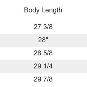 May include: Size chart for a garment with measurements in inches for body length and bust. Sizes include S, M, L, XL, and 2XL.