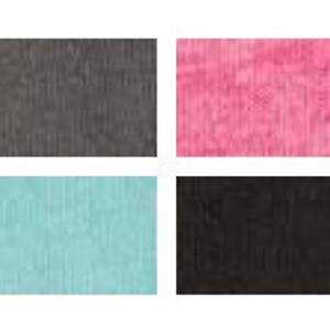 May include: A collection of ten fabric swatches in various colors and textures, including white, orange, gray, pink, green, peach, light blue, teal, black, and hot pink.
