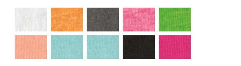 May include: A collection of ten fabric swatches in various colors and textures, including white, orange, gray, pink, green, peach, light blue, teal, black, and hot pink.