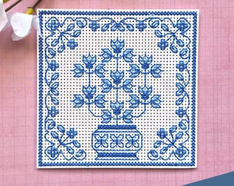 Vintage Delft flowers 3 - Cross stitch and backstitch pattern - PDF pattern