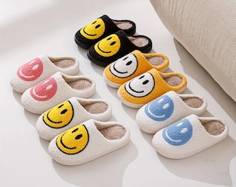 Happy Face Cozy Slippers, Comfy Slippers, Gift, Bridal Party Gift, Unisex Slippers, Lounge Slippers, Smiley Face