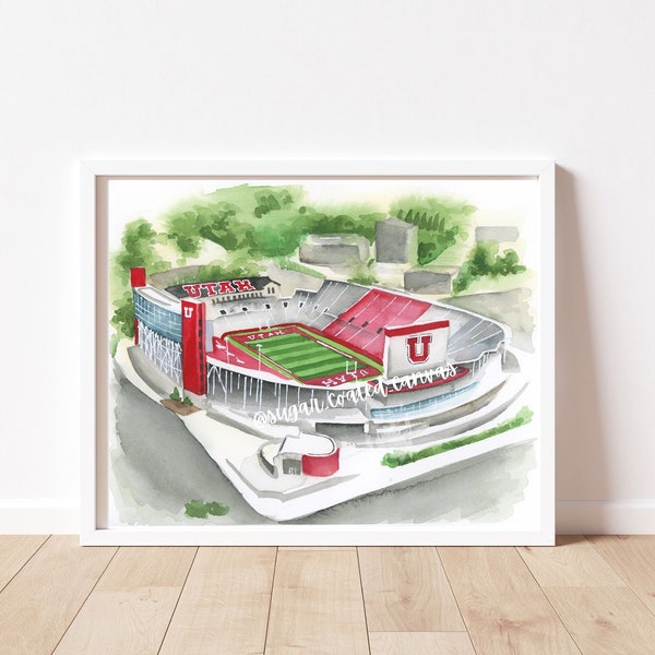 University of Utah football stadium watercolor print, Utah Utes, Rice Eccles stadium, Salt Lake City Utah