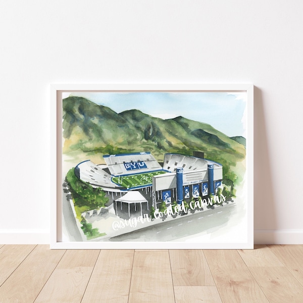 BYU football stadium watercolor print, Brigham Young University, LaVell Edwards, Provo Utah, Cougars