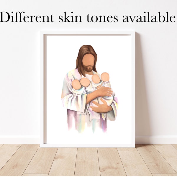 Jesus Christ holding four babies, quadruplets, infant loss, miscarriages, nursery art, stillborn