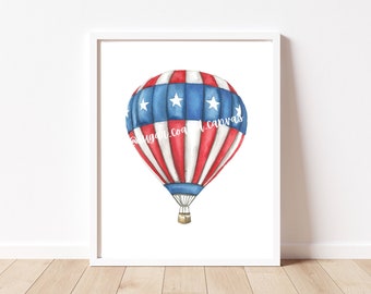 American Hot Air Balloon watercolor print, USA watercolor art, Fourth of July Decor