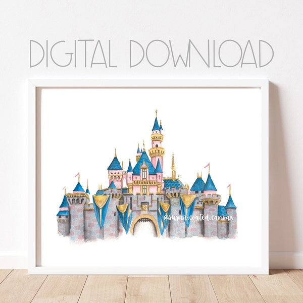 DIGITAL DOWNLOAD | Watercolor Print | Magic Castle Painting | Pink Castle | Theme Park Printable | Happiest place on Earth