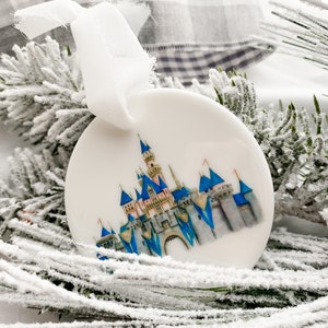 Disneyland watercolor ceramic ornament, Disney Christmas, sleeping beauty’s castle, Disneyland christmas