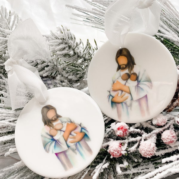 Jesus holding two babies ceramic Christmas ornament, twins, Jesus with twins, infant loss, Christian, miscarriage, stillborn