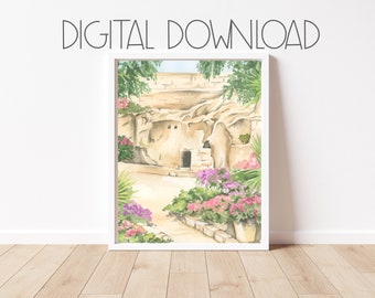 Garden Tomb Digital Download | Easter Watercolor Printable | Christs Tomb | He has Risen | Jesus Christ Tomb Printable Art